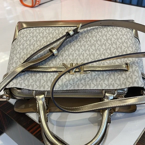 MICHAEL KORS 
Reed Large CZ Graphic Logo Belted Satchel
Vanilla /Pale Gold 
NWT - Picture 10 of 16